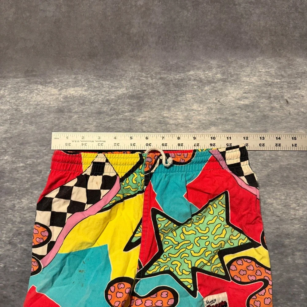 VTG Morey Boogie Kids S Swim Shorts 90s Abstract Neon Geometric Surf Trunks AOP